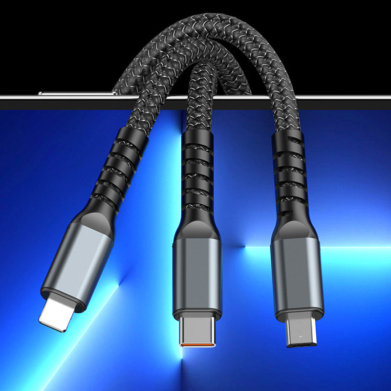 100W USB C Charging Cable with 3 Connector Tips | Braided Tangle Free Cord That Glows in the Dark | 3.9 Foot Length