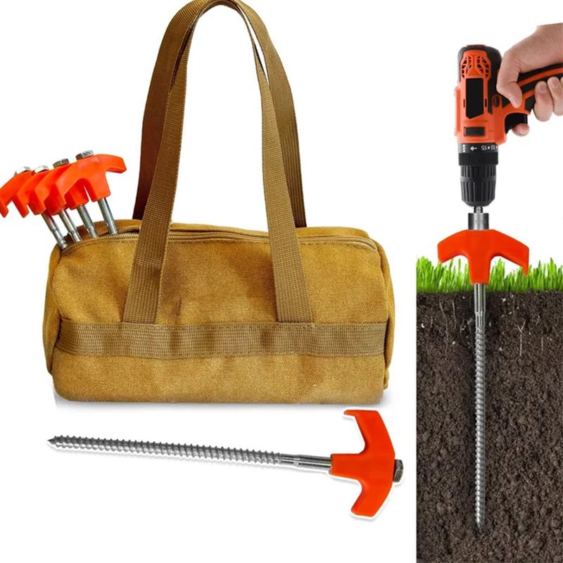 Screw In Tent Stakes for Lawn, Hard Soil and Gravel | Threaded Carbon Steel, Driven with a Cordless Drill | Packs of 4 or 8