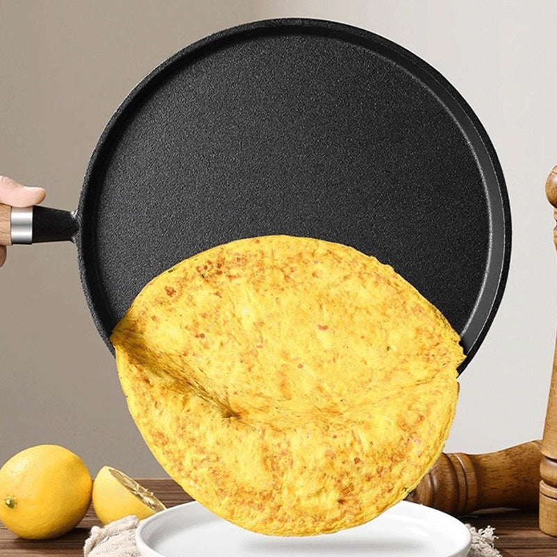 Cast Iron Skillet with a Wooden Handle | Flat Pan for Crepes, Pancakes and Fried Eggs | 8 or 10 Inch Sizes