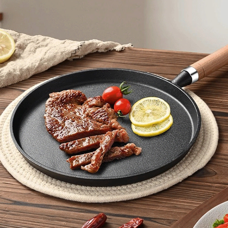 Cast Iron Skillet with a Wooden Handle | Flat Pan for Crepes, Pancakes and Fried Eggs | 8 or 10 Inch Sizes