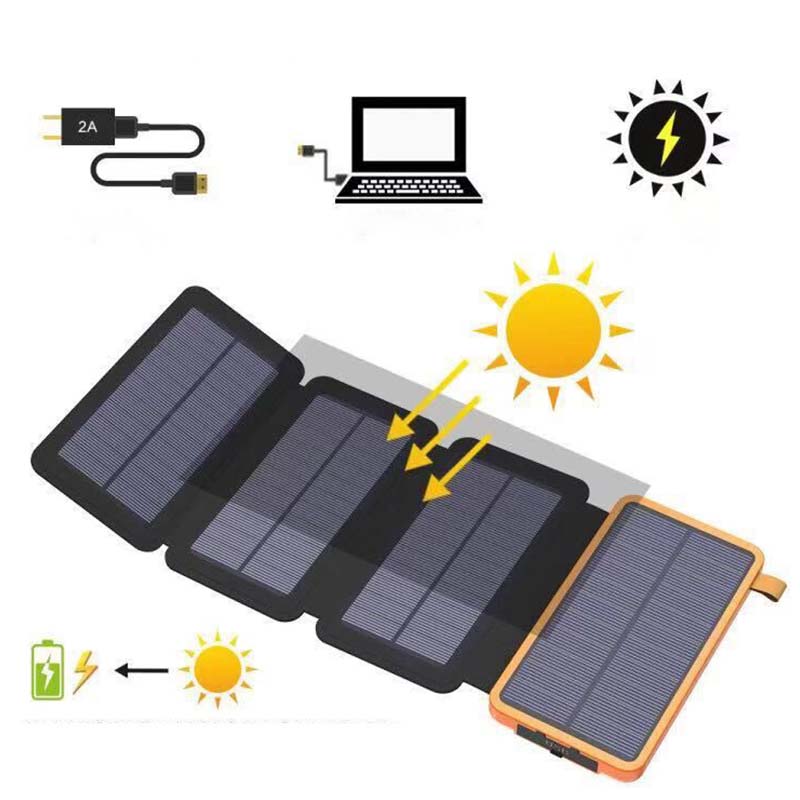 Solar Portable Charger with 4 Panels and 3 USB Outputs | Built-In Flashlight | 8000 or 25000 mAh Battery
