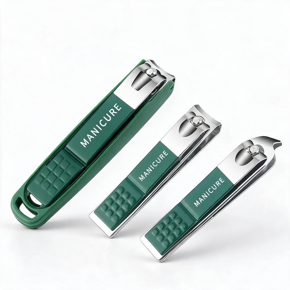 Stainless Steel Nail Clippers, Four Piece Set | Three Sizes at 88, 60 and 56 mm Plus a File | Anti-Splash Catch, Non-Slip Grip