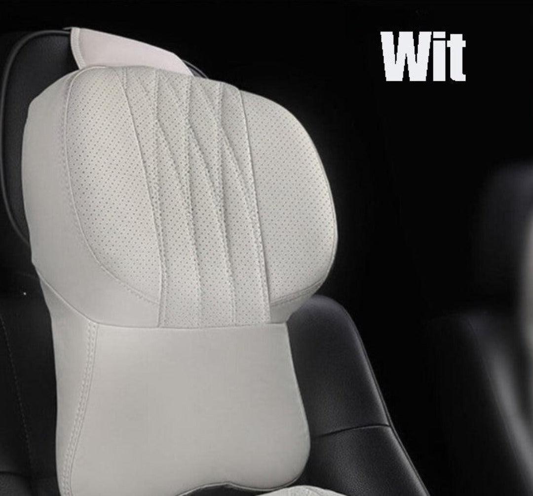 Car Neck Pillow with a Memory Foam Core | Quilted Leather Cover That Straps onto Any Headrest | Extra Support on Long Drives