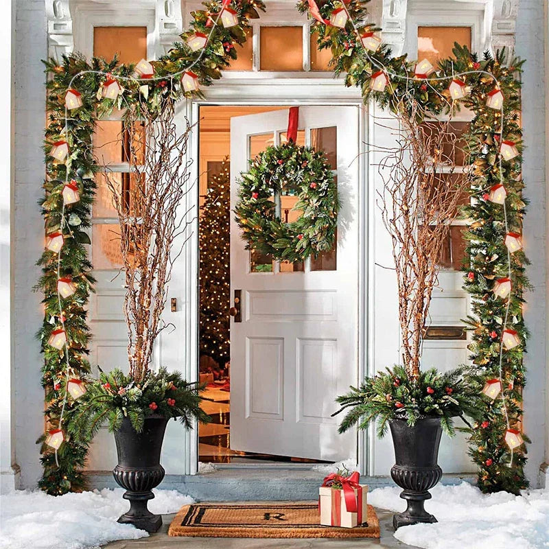 Wooden Christmas Village Houses with LED Lights | Hanging Tree Ornaments in Red or White | Rustic Festive Indoor Decor