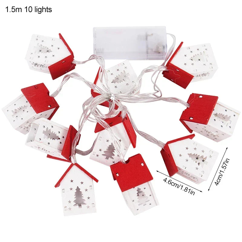 Wooden Christmas Village Houses with LED Lights | Hanging Tree Ornaments in Red or White | Rustic Festive Indoor Decor