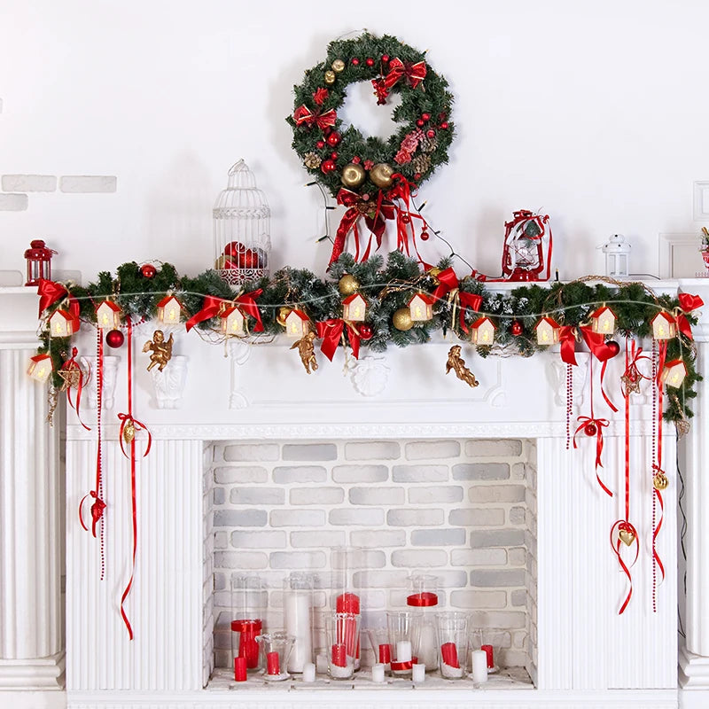 Wooden Christmas Village Houses with LED Lights | Hanging Tree Ornaments in Red or White | Rustic Festive Indoor Decor