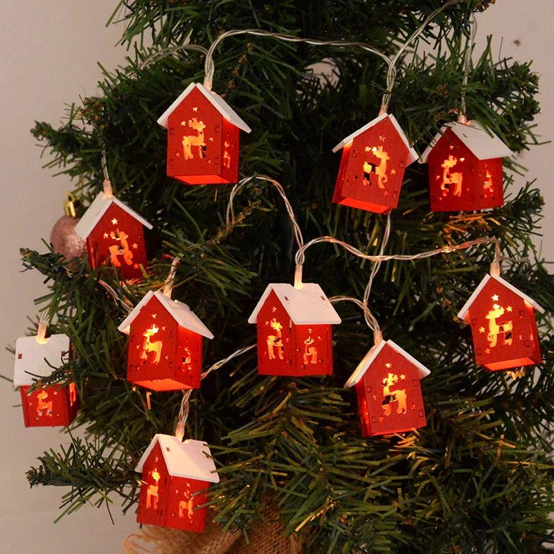 Wooden Christmas Village Houses with LED Lights | Hanging Tree Ornaments in Red or White | Rustic Festive Indoor Decor