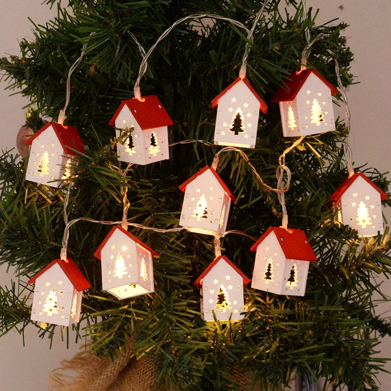 Wooden Christmas Village Houses with LED Lights | Hanging Tree Ornaments in Red or White | Rustic Festive Indoor Decor