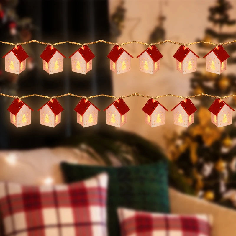 Wooden Christmas Village Houses with LED Lights | Hanging Tree Ornaments in Red or White | Rustic Festive Indoor Decor