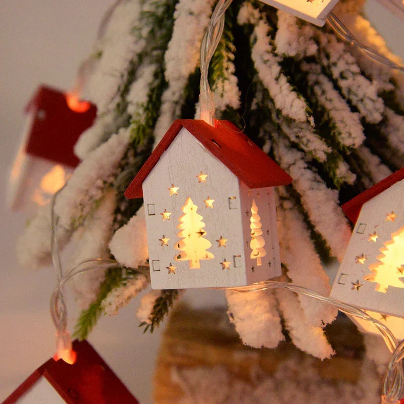 Wooden Christmas Village Houses with LED Lights | Hanging Tree Ornaments in Red or White | Rustic Festive Indoor Decor
