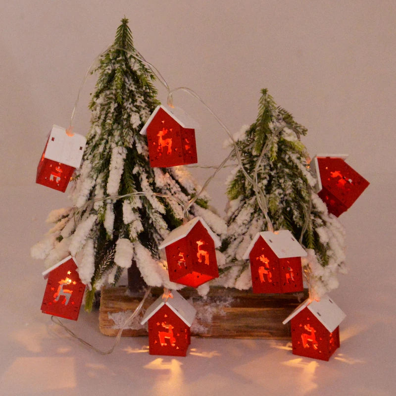 Wooden Christmas Village Houses with LED Lights | Hanging Tree Ornaments in Red or White | Rustic Festive Indoor Decor