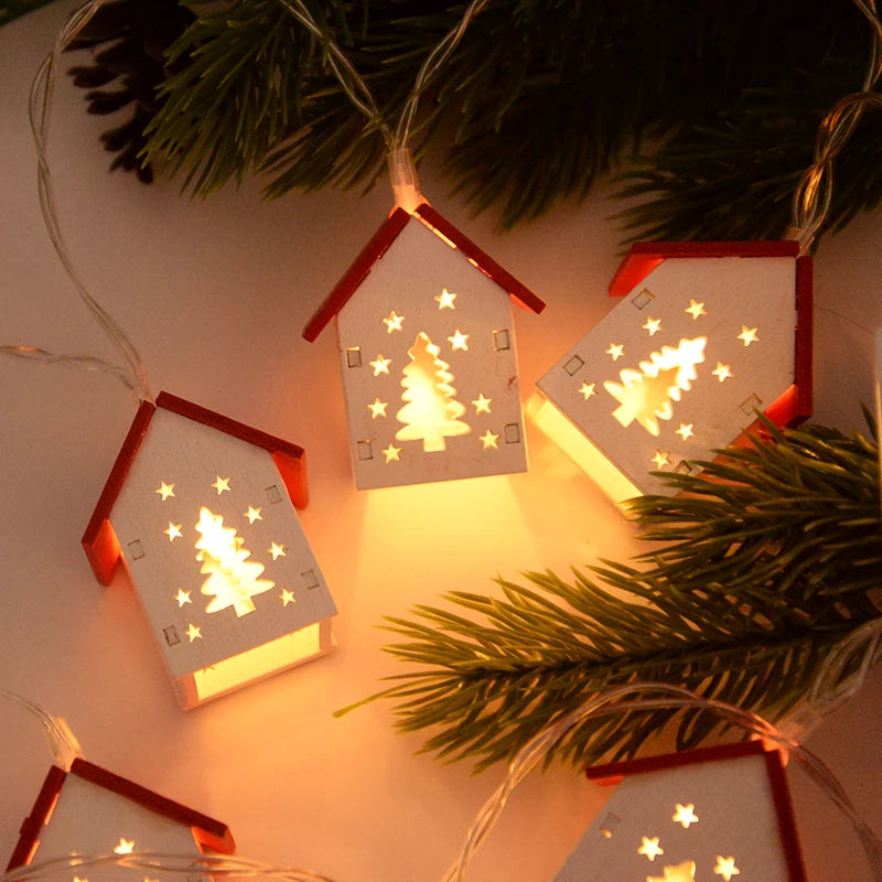Wooden Christmas Village Houses with LED Lights | Hanging Tree Ornaments in Red or White | Rustic Festive Indoor Decor