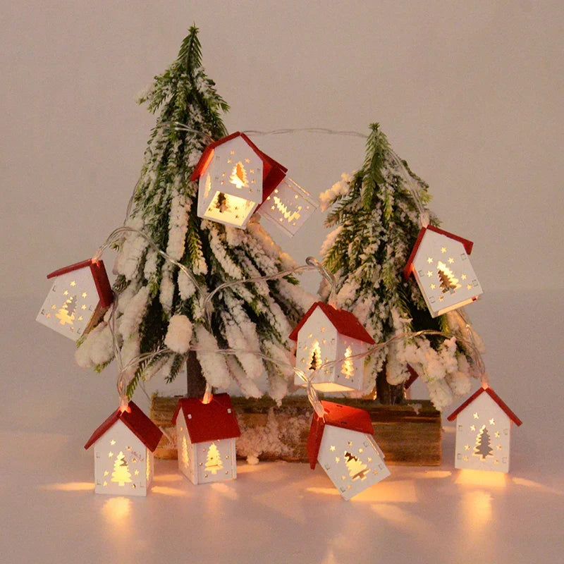 Wooden Christmas Village Houses with LED Lights | Hanging Tree Ornaments in Red or White | Rustic Festive Indoor Decor