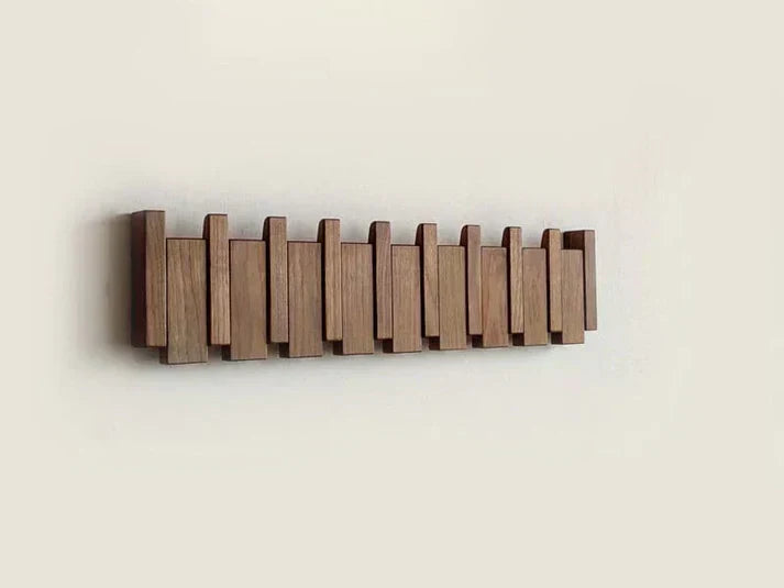 Wooden Wall-Mounted Coat Rack with Foldable Hooks – Piano Key Design Storage Rack