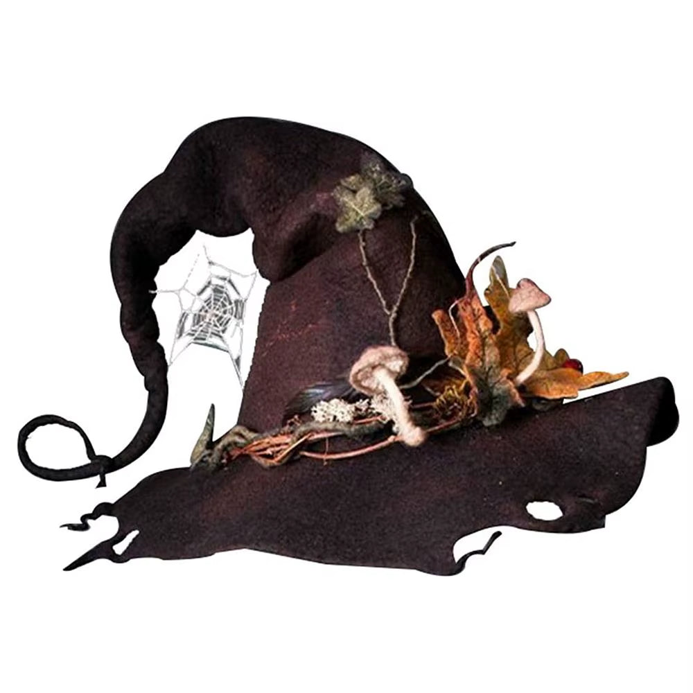 Handmade felted witch hat in brown merino wool and silk chiffon