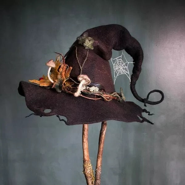 Brown hand-felted merino wool witch hat for Halloween costumes