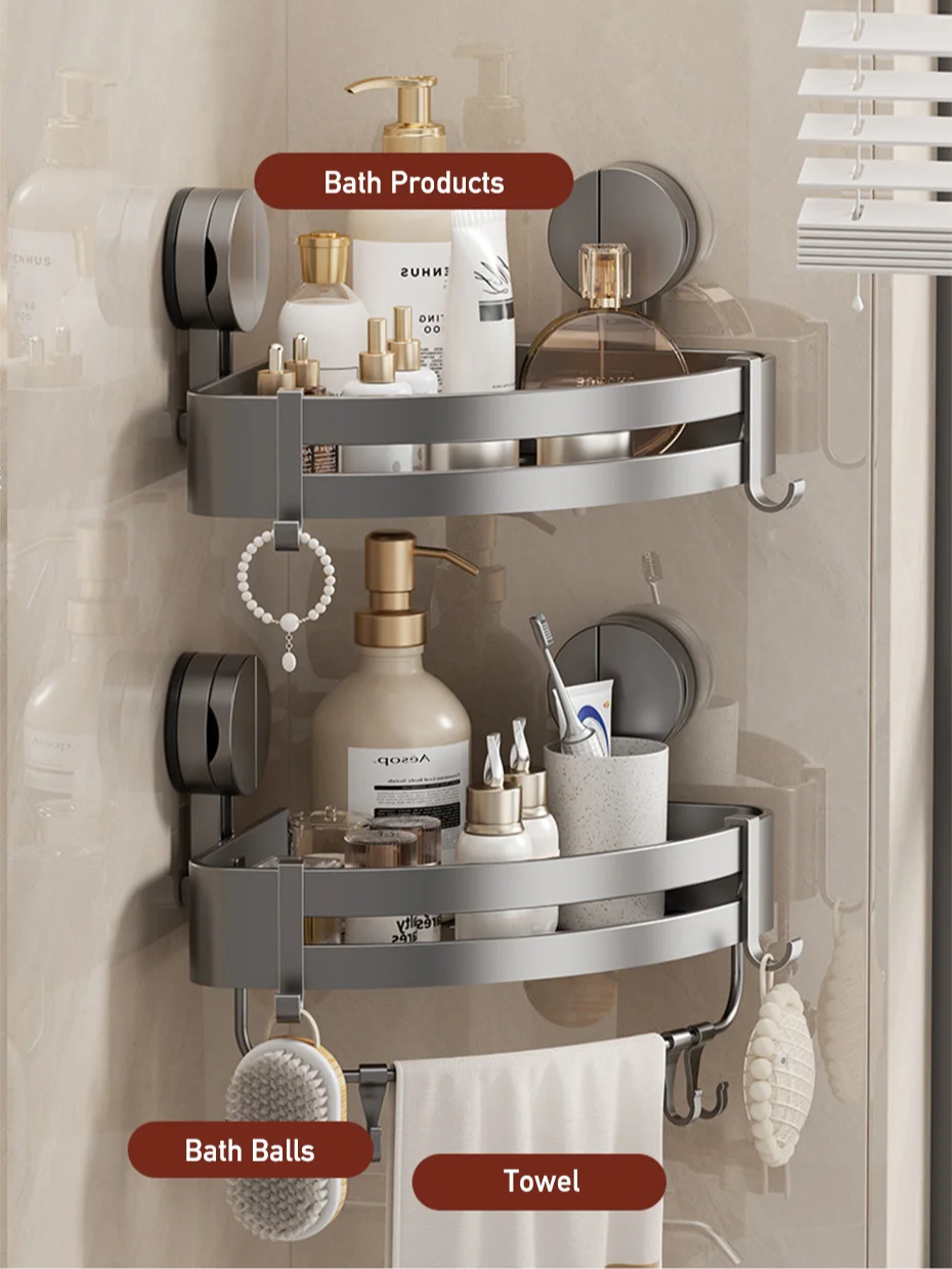 Suction Cup Shower Caddy in Aluminum, No Drilling Needed | Corner or Flat Wall Shelf for Shampoo and Soap | Four Shapes