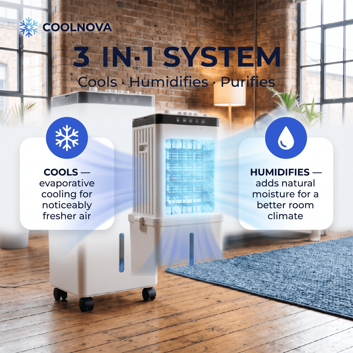 Premium 3-in-1 Mobile Air Cooler with Ice Packs | No Exhaust Hose, Whisper-Quiet | Remote Control &amp; Wheels