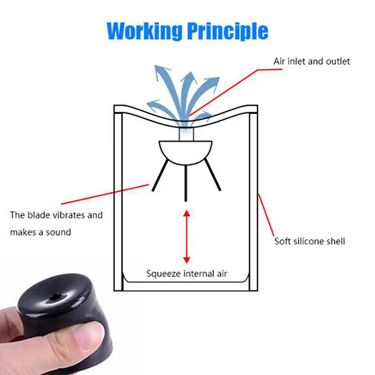 Rubber noise gag toy held in a palm ready to squeeze
