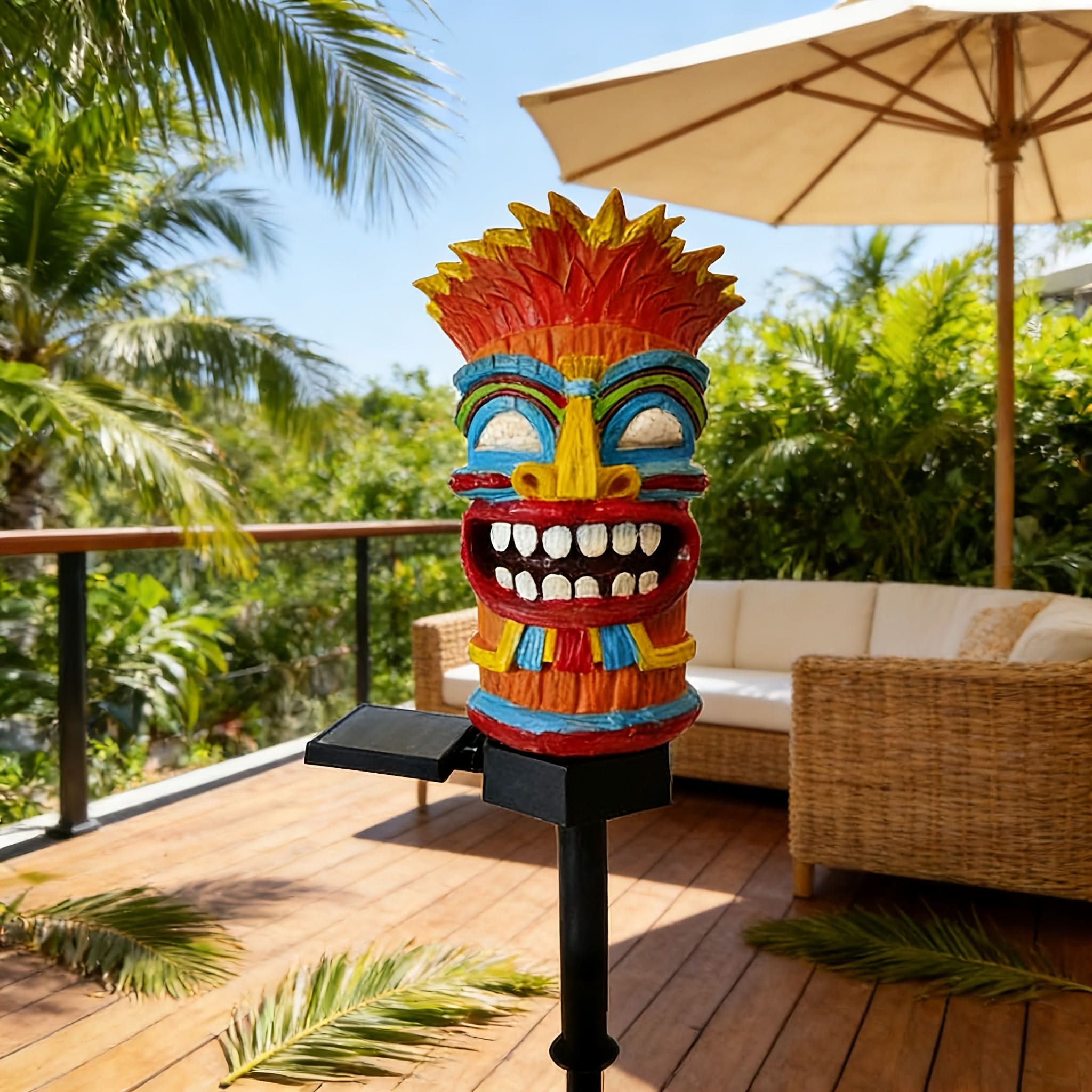 Solar Tiki Totem LED Garden Stake Light 17.9 In | Warm Glow, Light-Sensor Auto On | Tropical Patio & Party Decor