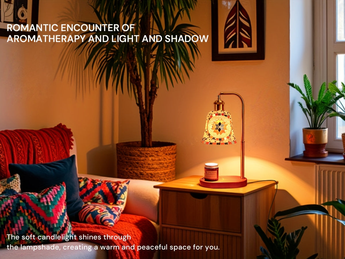 Mosaic glass table lamp styled for a reading corner