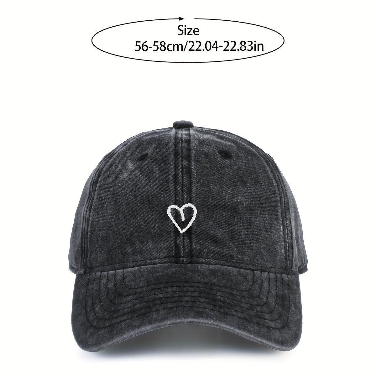 Washed Baseball Cap with an Embroidered Heart | Adjustable Buckle Strap, One Size | Eight Colors in Woven Polyester