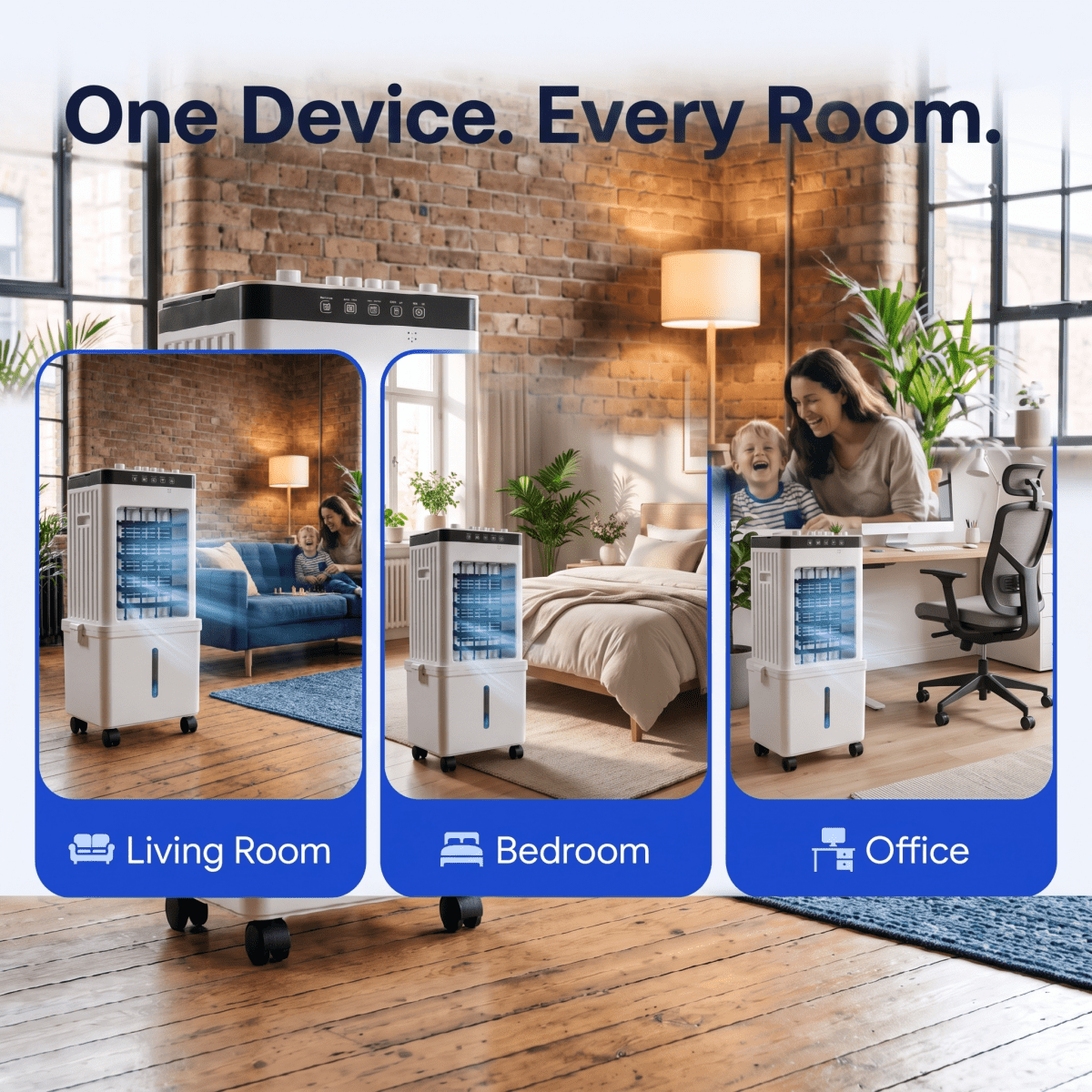 Premium 3-in-1 Mobile Air Cooler with Ice Packs | No Exhaust Hose, Whisper-Quiet | Remote Control &amp; Wheels