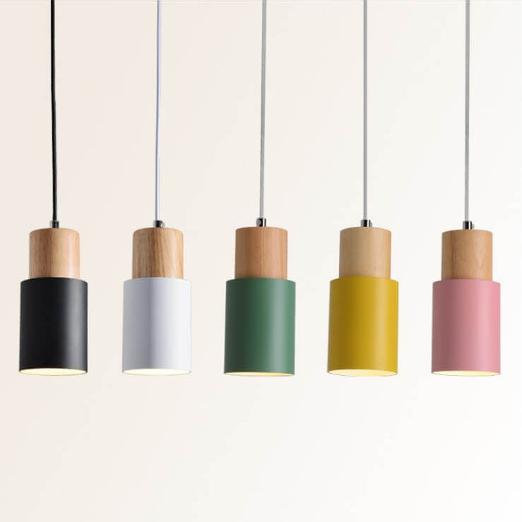 Cylinder Aluminum Pendant Light with Wood Detail