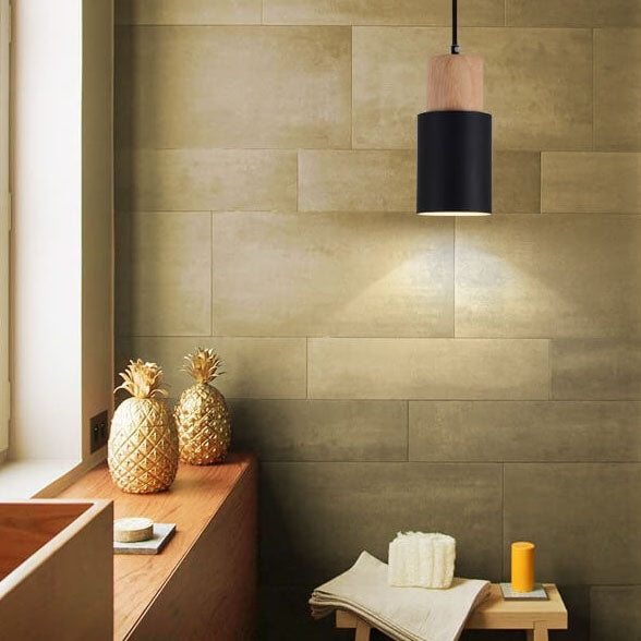 Cylinder Aluminum Pendant Light with Wood Detail