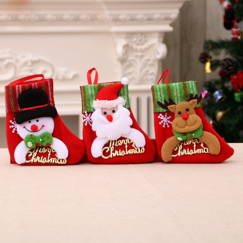 Christmas Stocking with a Plush Bear in a Santa Hat | Embroidered Snowflakes and Greeting | Mantel Decorations with a Loop