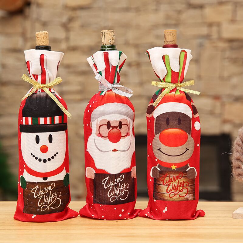 Christmas Wine Bottle Cover with a Santa Print | Soft Fabric with a Built-In Tie | Table Decorations, 3 Designs