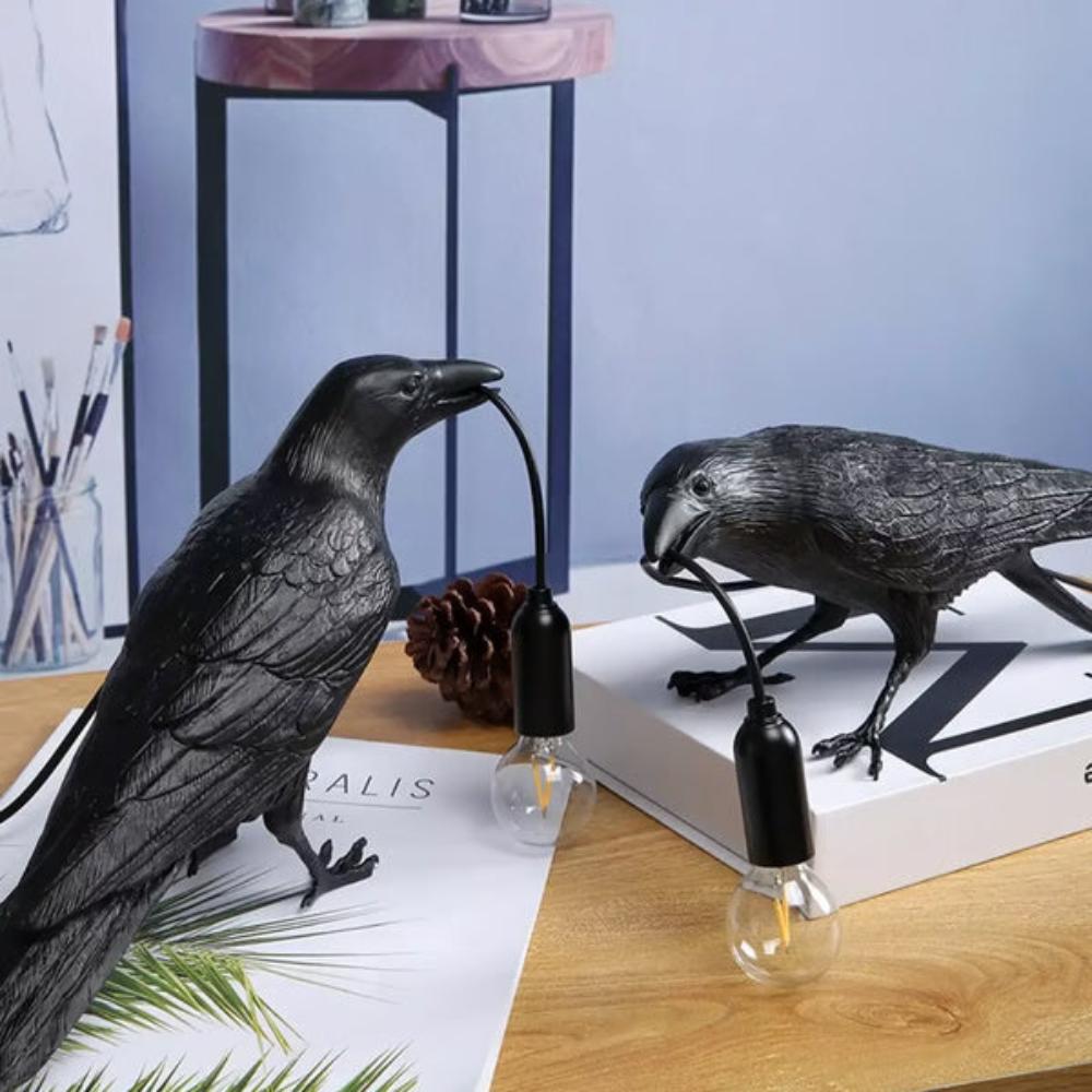 Gothic crow table lamp unlit showing its dark finish