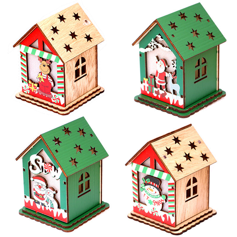 Wooden Christmas Village Cottage with a Santa Scene | Reindeer and Gift Details, Lit from Inside | Compact Shelf or Mantel Glow