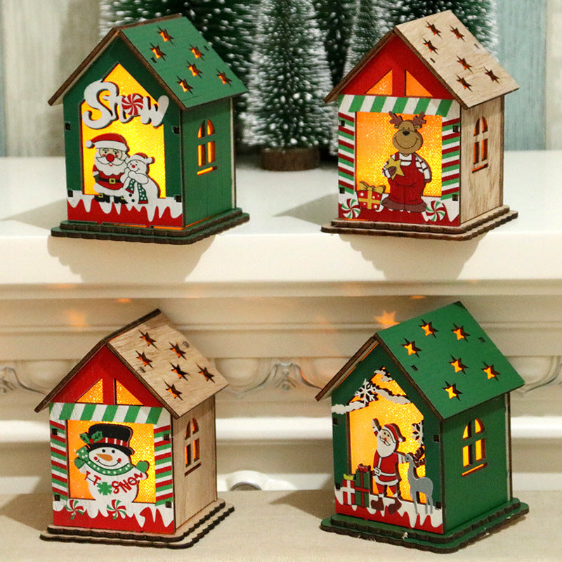 Wooden Christmas Village Cottage with a Santa Scene | Reindeer and Gift Details, Lit from Inside | Compact Shelf or Mantel Glow