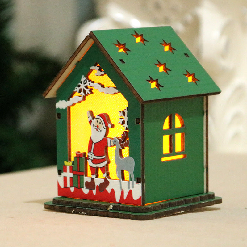 Wooden Christmas Village Cottage with a Santa Scene | Reindeer and Gift Details, Lit from Inside | Compact Shelf or Mantel Glow