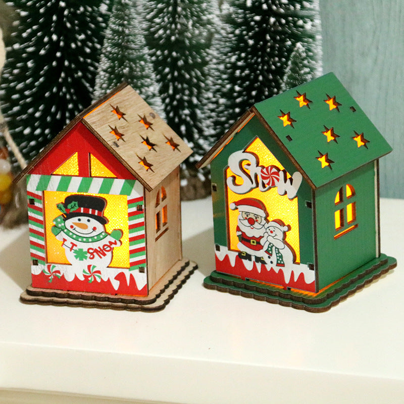 Wooden Christmas Village Cottage with a Santa Scene | Reindeer and Gift Details, Lit from Inside | Compact Shelf or Mantel Glow