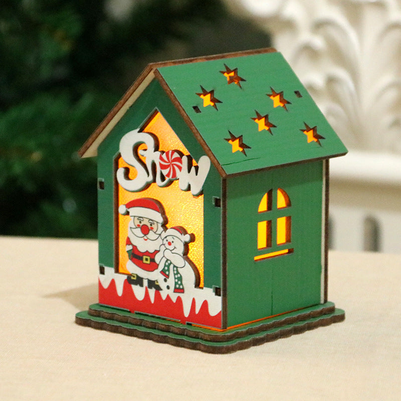 Wooden Christmas Village Cottage with a Santa Scene | Reindeer and Gift Details, Lit from Inside | Compact Shelf or Mantel Glow