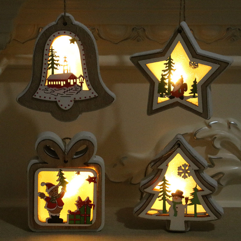 Wooden Christmas Ornaments with LED Lights | Star, Tree and Gift Box Shapes | Warm Glow for Mantel or Window Display