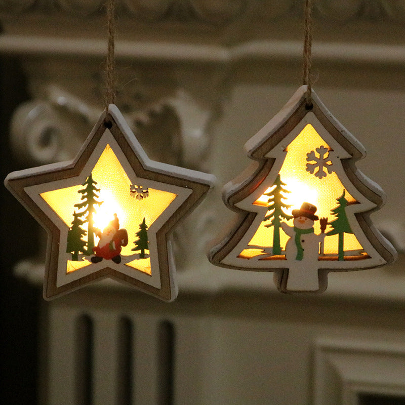 Wooden Christmas Ornaments with LED Lights | Star, Tree and Gift Box Shapes | Warm Glow for Mantel or Window Display