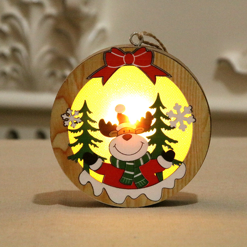 Wooden Light Up Christmas Ornaments with Santa and Pine Scenes | Round or Star Shapes with a Hanging Loop | Warm Indoor Glow