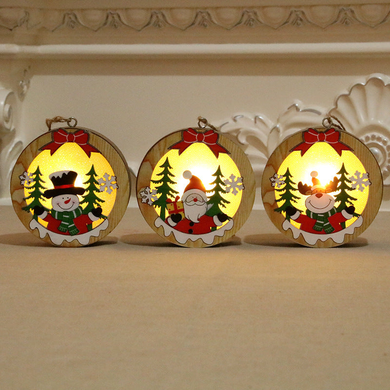 Wooden Light Up Christmas Ornaments with Santa and Pine Scenes | Round or Star Shapes with a Hanging Loop | Warm Indoor Glow