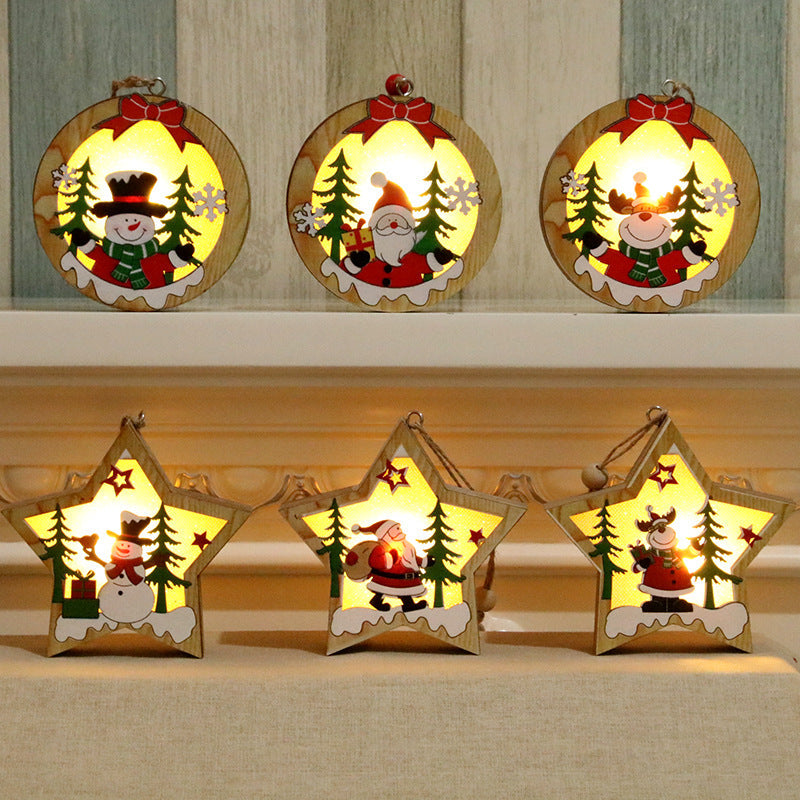 Wooden Light Up Christmas Ornaments with Santa and Pine Scenes | Round or Star Shapes with a Hanging Loop | Warm Indoor Glow