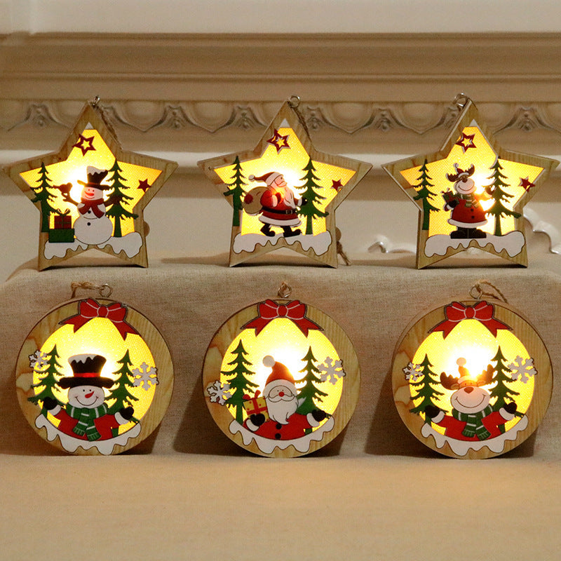 Wooden Light Up Christmas Ornaments with Santa and Pine Scenes | Round or Star Shapes with a Hanging Loop | Warm Indoor Glow