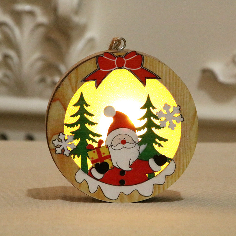 Wooden Light Up Christmas Ornaments with Santa and Pine Scenes | Round or Star Shapes with a Hanging Loop | Warm Indoor Glow