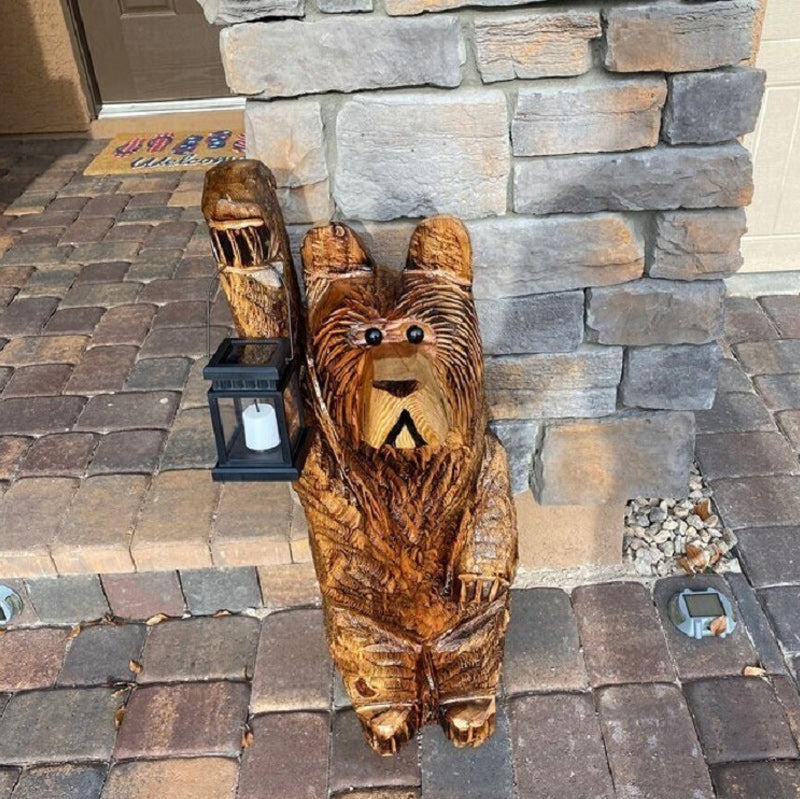 Carved Bear Garden Statue with Solar Lantern | Resin Figure That Flickers Like a Real Candle at Dusk | 20 cm Tall