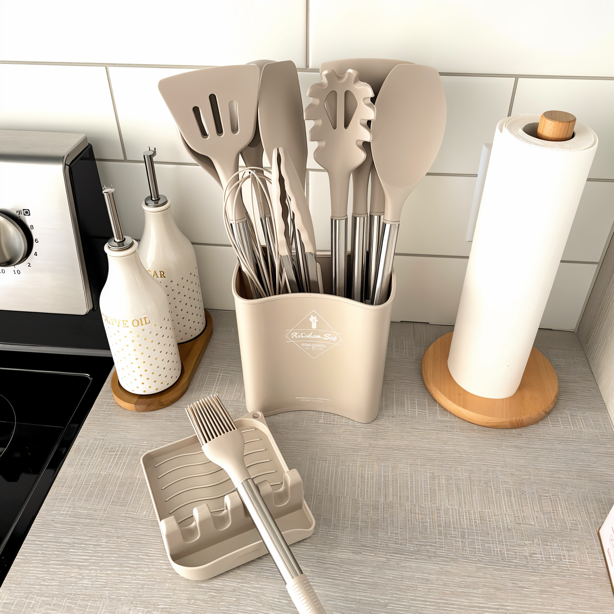Twelve-Piece Silicone Kitchen Cooking Utensils Set with Holder | Stainless Steel Handles, Heat Resistant | 3 Colors