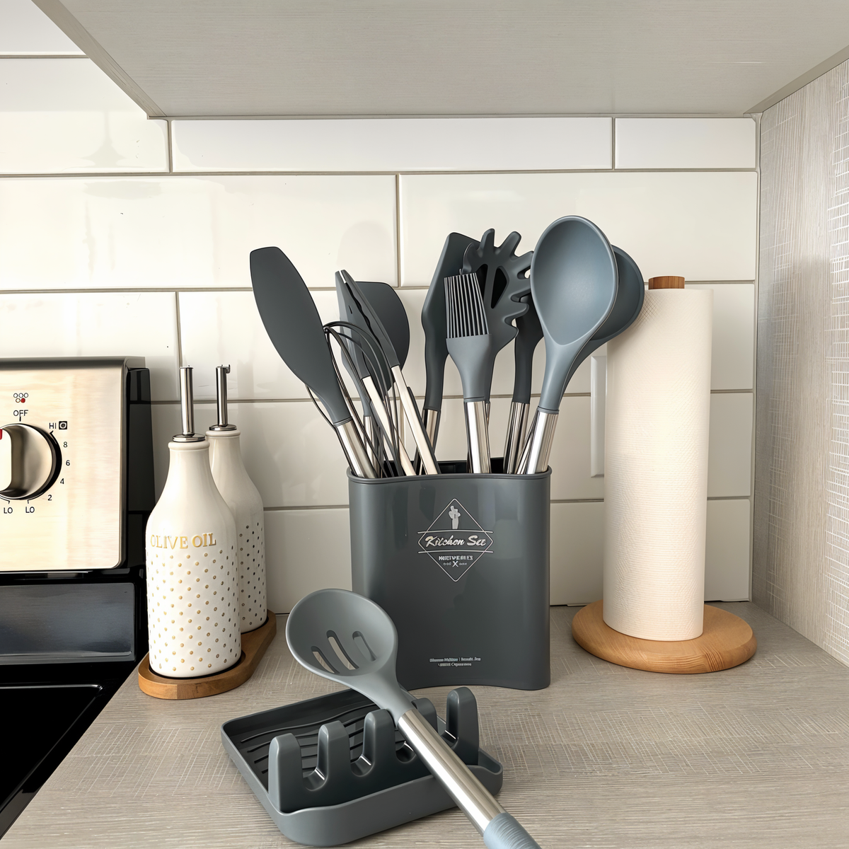 Twelve-Piece Silicone Kitchen Cooking Utensils Set with Holder | Stainless Steel Handles, Heat Resistant | 3 Colors