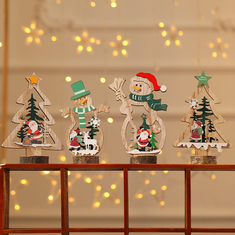 Wooden Christmas Ornaments with a Santa and Evergreen Tree Design | Four Styles to Hang | Mantel and Table Decorations