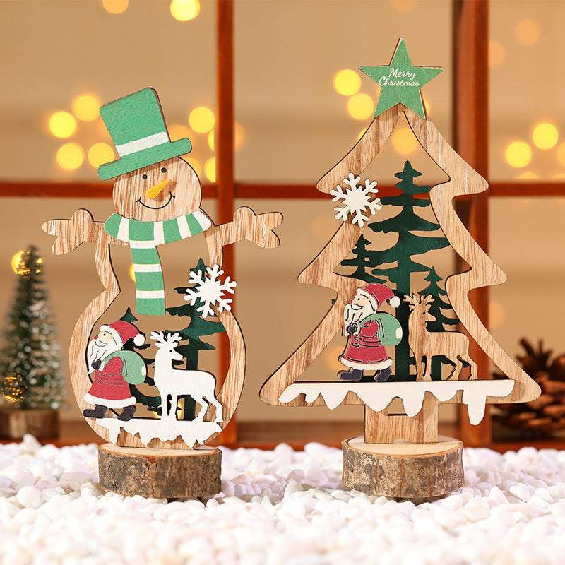 Wooden Christmas Ornaments with a Santa and Evergreen Tree Design | Four Styles to Hang | Mantel and Table Decorations