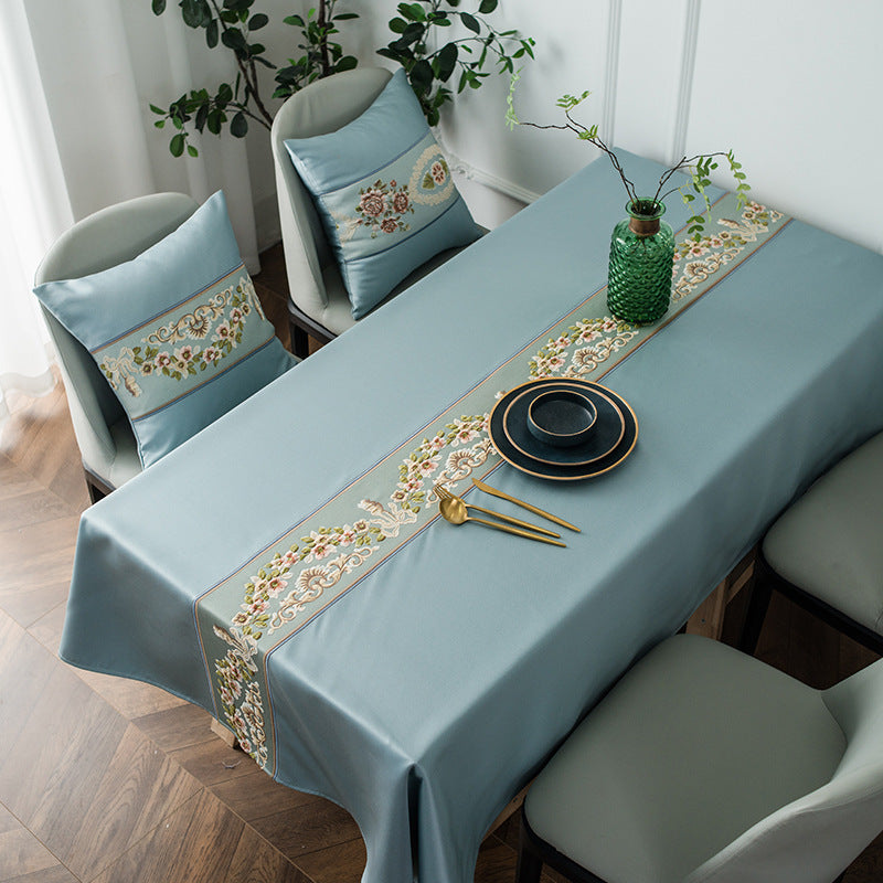 Embroidered Floral Tablecloth in Soft Blue | Durable Easy-Clean Fabric for Everyday Dining | 55 x 55 in